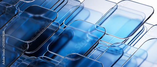 Abstract wide blue glass panel 3d rendering background for corporate cloud