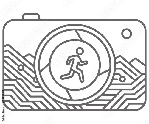 Minimalist camera icon with running man, digital photography symbol, linear tech landscape graphic for sport media and apps