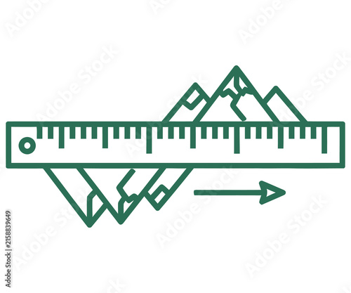 Minimalist mountain ruler icon, green line art landscape measurement symbol, geometric nature scale graphic for outdoor mapping