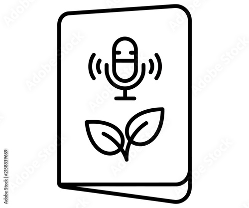 Minimalist podcast icon with microphone and leaves. Eco-friendly audio recording symbol. Nature broadcast logo on white background.