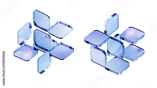 Foto Isometric transparent glass block panel 3d rendering components on white background for modular software UI kit, web application mockup, and SaaS infographic
