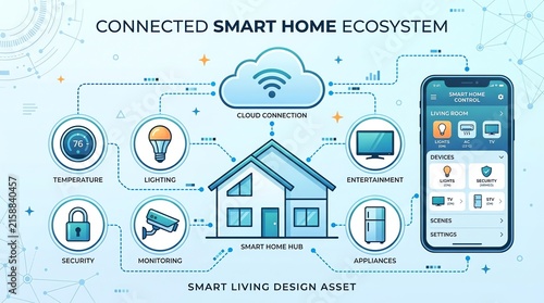 Connected Smart Home Ecosystem: A visual representation of a smart home system, showcasing various interconnected devices and functions like temperature control, lighting, security, monitoring.