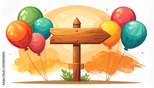 Wooden directional arrow sign post with colorful festive balloons, garage sale event concept, flat vector illustration