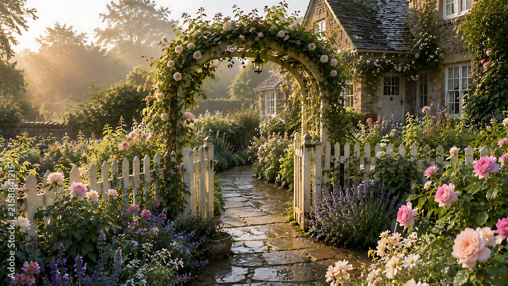 Fototapeta premium English cottage garden, overflowing flower beds with roses