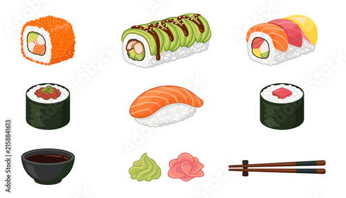 Japanese Sushi Vector Set Featuring Delicious California Roll, Avocado Dragon Roll, Salmon Nigiri, Tuna Hosomaki, Chopsticks, Soy Sauce, Wasabi, and Ginger for Restaurant Menu Designs