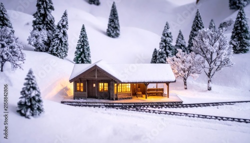 Miniature cabin in snowy winter forest.