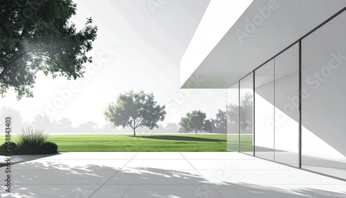 Luxury modern house exterior with glass and lawn.