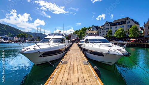 Luxury yachts docked at a scenic European harbor pier.