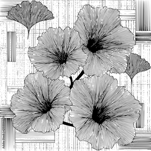 Ginkgo flowers botanical art line drawing floral illustration nature design black and white fine art print decor