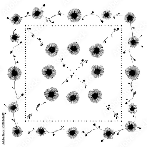 Black and white floral pattern design with flower elements and botanical illustration art for textile print