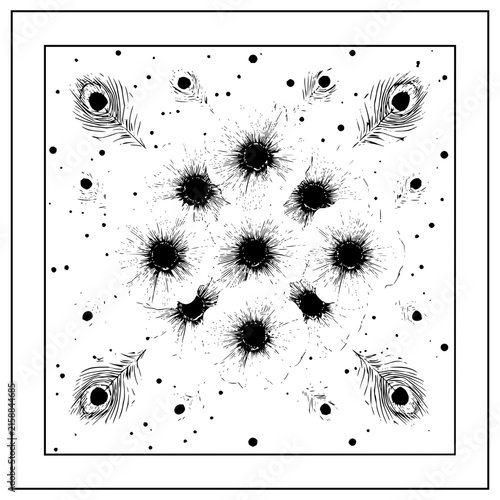 Black and white peacock feathers and floral burst pattern design element vector art illustration image graphic