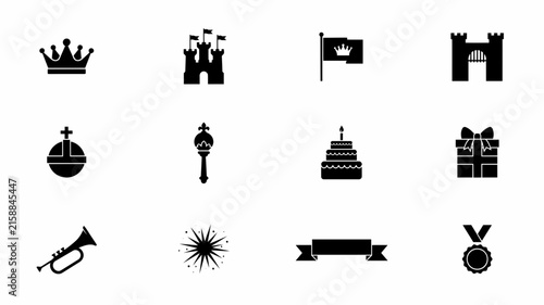 Black and white royalty and celebration icon set with medieval crowns castles with celebration themed symbols cakes castles ceremonial scepters