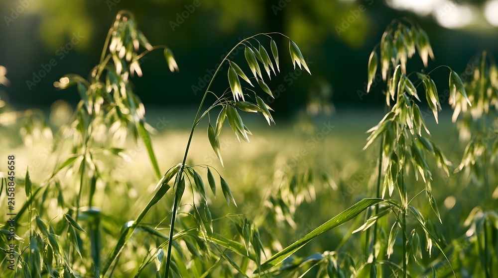 Naklejka premium Sunlight filters through green oat stalks in a field during early morning or late afternoon