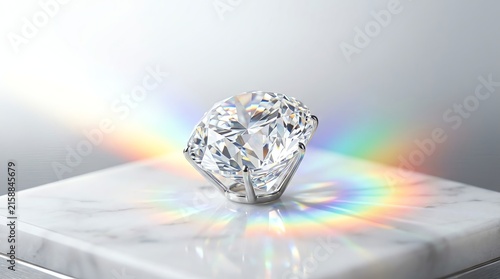 Sparkling Diamond on Marble with Rainbow Refraction: A magnificent, brilliant-cut diamond rests on a polished marble surface, refracting light into a dazzling spectrum of colors.