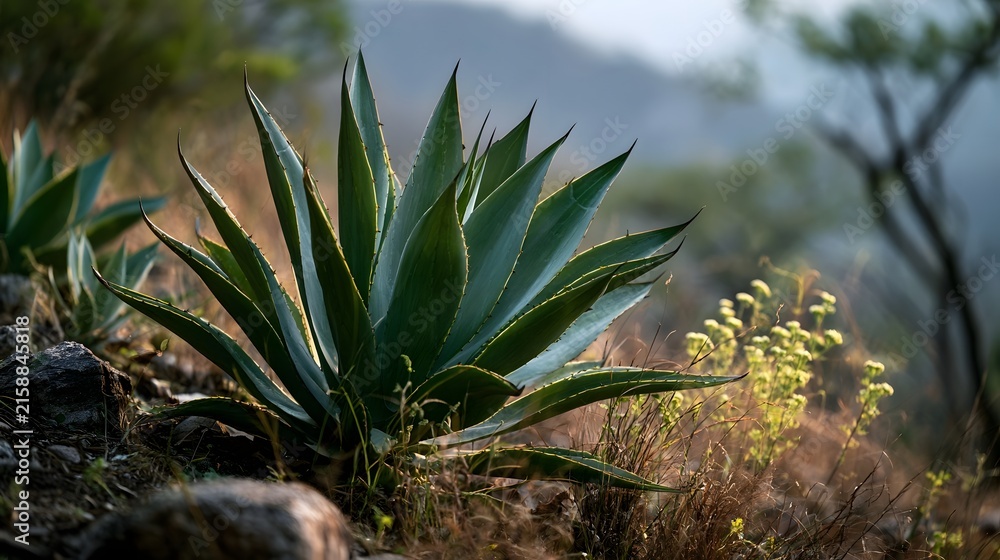 Fototapeta premium A robust agave plant stands prominently in a sunlit arid landscape surrounded by dry grasses and blurred mountainous background