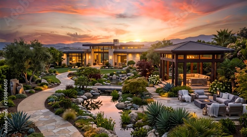 Luxury modern house with sunset garden
