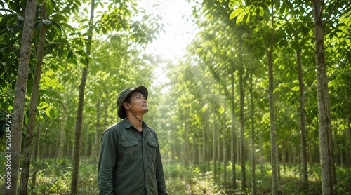 Asian Man Looking Up in Lush Green Plantation Forest