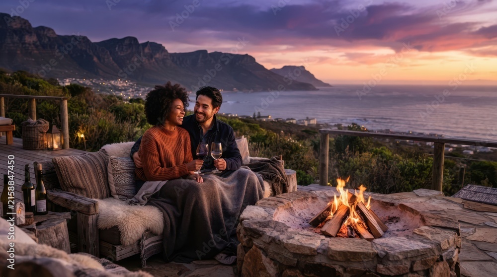 Naklejka premium Couple enjoys wine by a fire pit overlooking the ocean at sunset