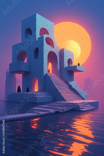Castle at Sunset Over the Sea with Medieval Tower, Historic Architecture, Dramatic Clouds, Silhouetted Skyline and Glowing Evening Sky