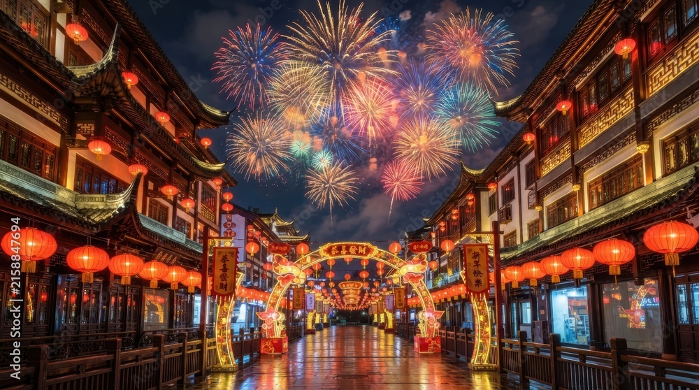 Obraz premium Traditional Chinese street illuminated by lanterns and fireworks at night