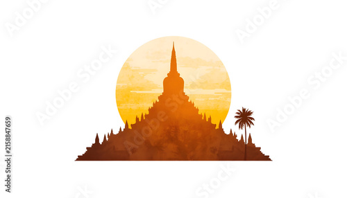 Silhouette of an ancient temple stupa framed against a glowing orange sunset sun, with a palm tree beside it. Evokes Southeast Asian spirituality and travel adventure. Ideal for religion, travel