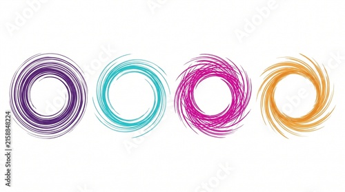 Set of four colorful circular spiral vortex frames on plain white background, perfect for logo design, creative branding and artistic backgrounds