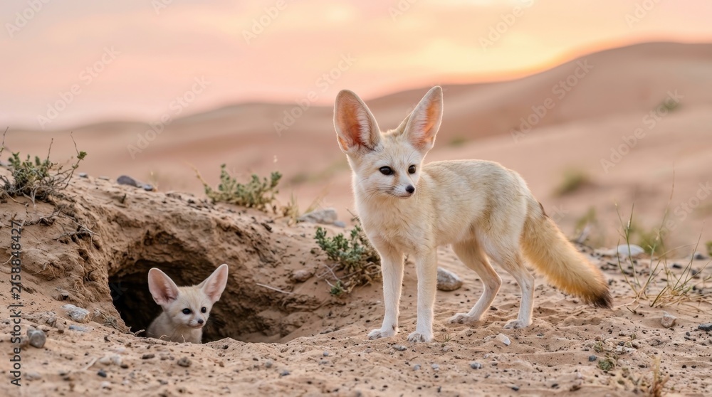 Naklejka premium Two adorable fennec foxes with large ears emerge from their desert burrow at sunset