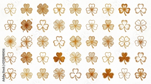Collection of various hand drawn golden clover and shamrock icons on white background, perfect for St. Patrick's Day designs, luck branding and festive greeting cards