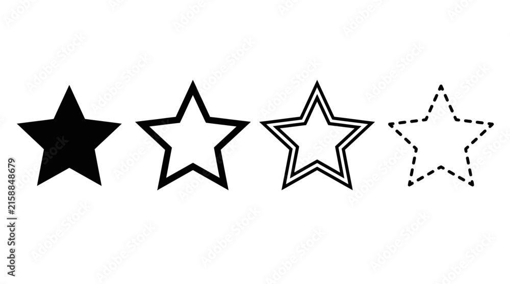 Fototapeta premium Four different black star icons including solid, outline, double border and dashed styles on white background, perfect for rating systems, interface design and graphic decoration