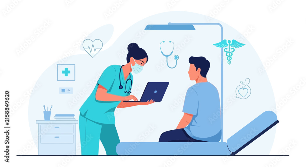 Fototapeta premium Medical Professional Using Technology to Consult With Patient During Checkup Illustrated