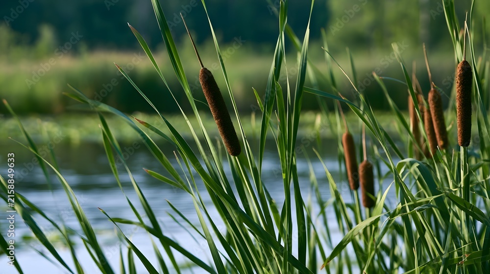 Fototapeta premium Tall green reeds with brown seed heads stand by calm water under soft sunlight creating a peaceful natural wetland scene