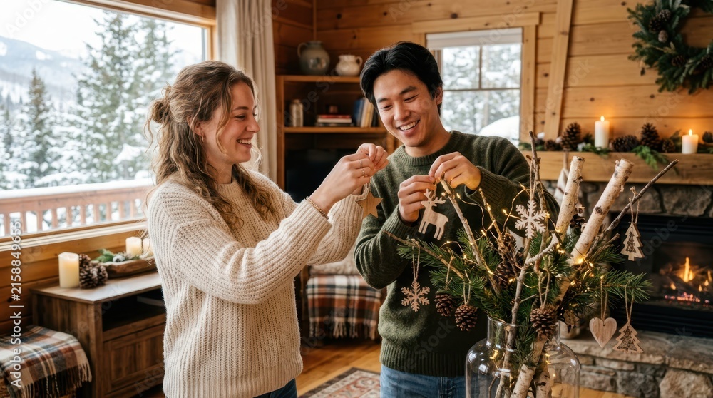 Fototapeta premium Couple decorating a rustic cabin with festive ornaments and fairy lights