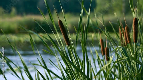 Tall green reeds with brown seed heads stand by calm water under soft sunlight  creating a peaceful natural wetland scene