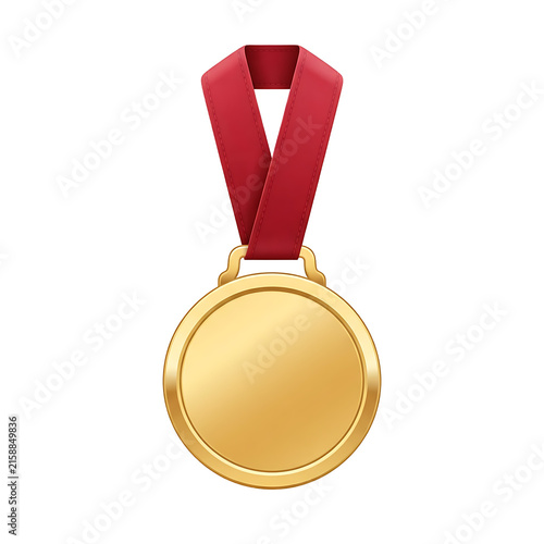 Realistic gold medal with a red ribbon isolated on a white background, for awards, achievement, and competition victory concepts