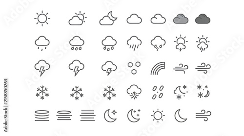 Set of weather forecast in a thin line style, including sun, clouds, rain, snow, lightning, and wind, on a light gray background