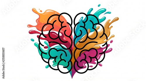 Human brain illustration with vibrant colorful paint splashes forming a heart shape on white background, perfect for creative branding, mental health awareness and educational psychology materials