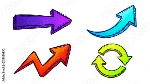 Hand drawn colorful 3D arrows set with sketchy lines on white background, perfect for business growth presentations, creative infographics and marketing strategy