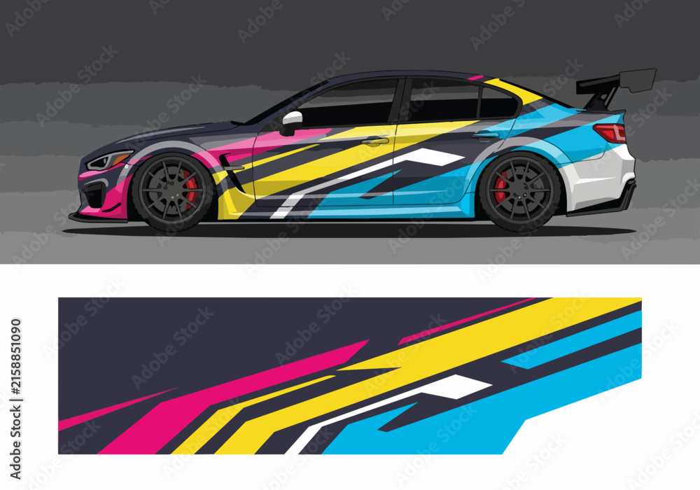Fototapeta premium Colorful racing car with vibrant geometric wrap design