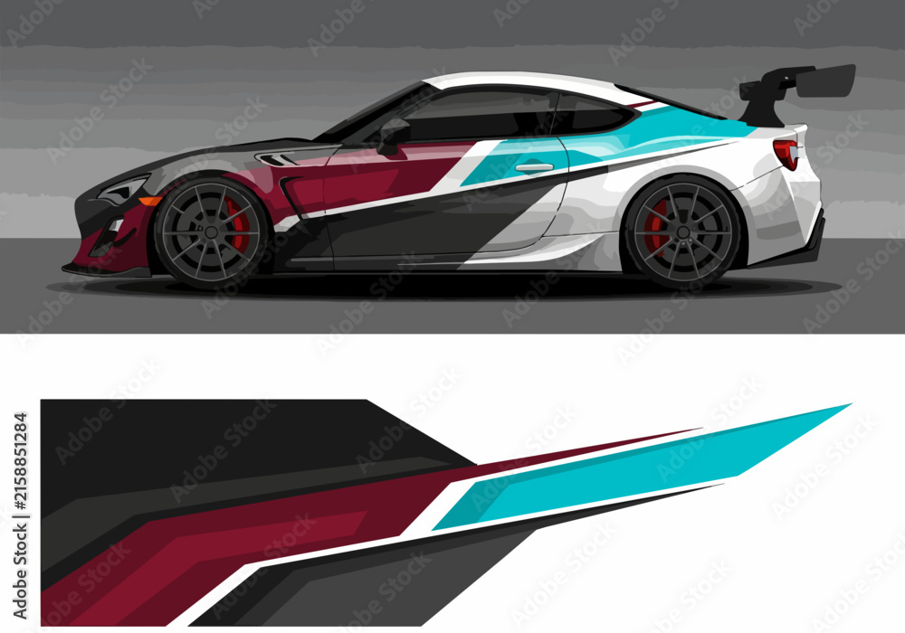 Fototapeta premium White sports car with colorful racing decals and rear wing