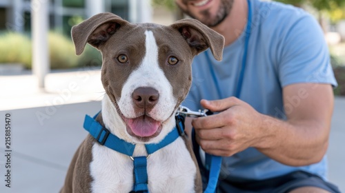 Brown and white dog wearing blue harness sits on pavement while a man in a blue shirt holds the leash, outdoor park setting with greenery in the background