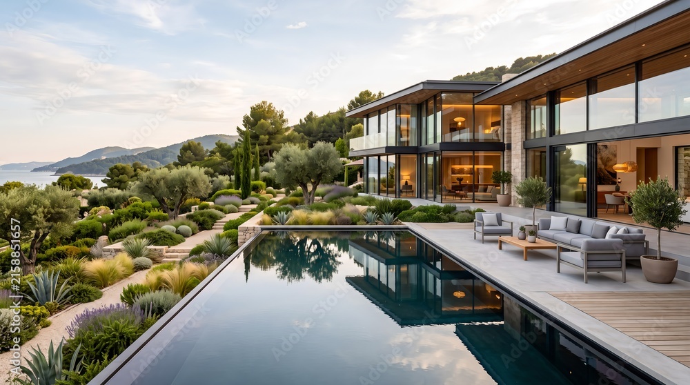 Fototapeta premium Modern hillside villa with infinity pool