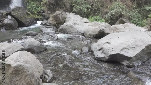 Flowing River Stream Through Rocky Tropical Forest
