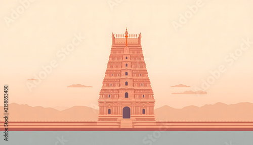 Digital illustration of a traditional South Indian temple tower (gopuram) silhouetted against a warm dusk sky with distant hills. Represents Hindu temple architecture and cultural heritage