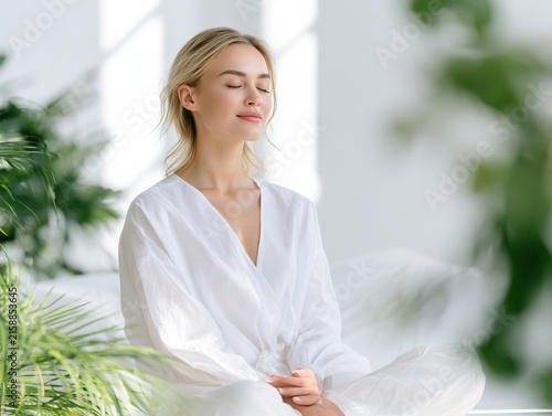 Mental Health and Emotional Balance Concept with Woman Practicing Mindfulness in a Peaceful Home