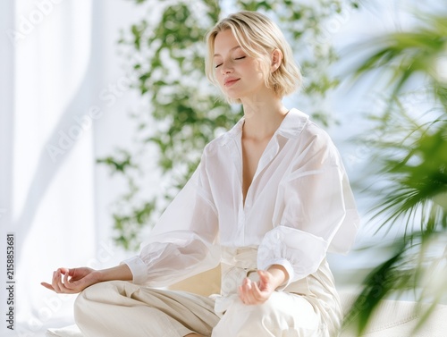 Mental Health and Emotional Balance Concept with Woman Practicing Mindfulness in a Peaceful Home