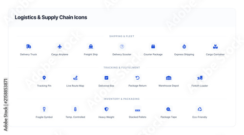 Logistics and supply chain vector icon set featuring delivery truck, cargo airplane, freight ship, warehouse depot, package tracking, and inventory management symbols.