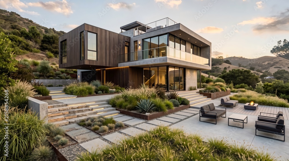 Fototapeta premium Modern hillside house with cantilever design