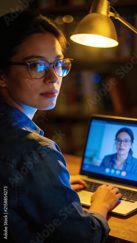 Woman having online video consultation with doctor on laptop at night vertical