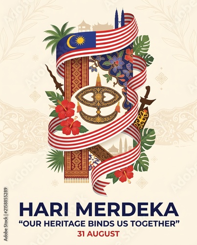 Hari merdeka celebration poster with malaysian flag with intertwined traditional cultural