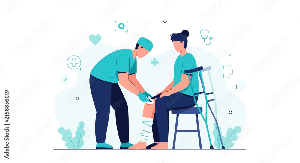 Fototapeta premium Medical Professional Providing Wound Care To An Injured Woman And Focusing On The Leg Injury